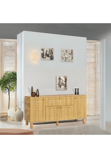 Helena Konsol Atlantik Çam 4 Kapaklı 1 Çekmeceli Ahşap Detaylı 160x80x44 Cm