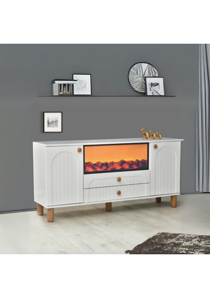 Lidya Şömineli Konsol 2 Kapaklı 2 Çekmeceli Beyaz Alev Efektli 160x80x44 Cm
