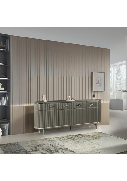 Maya Antrasit Gümüş Lüks Konsol 4 Kapaklı Şerit Detaylı Metal Ayaklı Tasarım 180x45x84 Cm