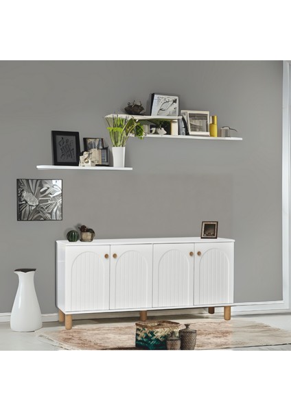 Lidya Konsol 4 Kapaklı Beyaz Krem Ahşap Görünümlü Ayaklı 180x80x44 Cm