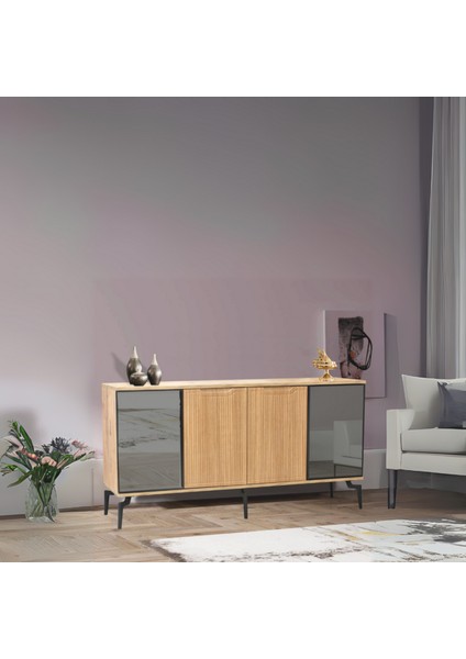 Viva Camlı Konsol Atlantik Çam Aynalı 4 Kapaklı Raflı 160x80x43,5 Cm