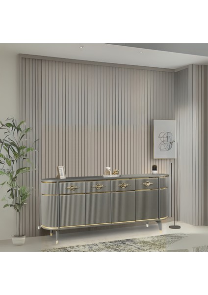 Maya Antrasit Gold Lüks Konsol 4 Kapak Oval Gövde Pramit Ayaklı 180x45x84 Cm