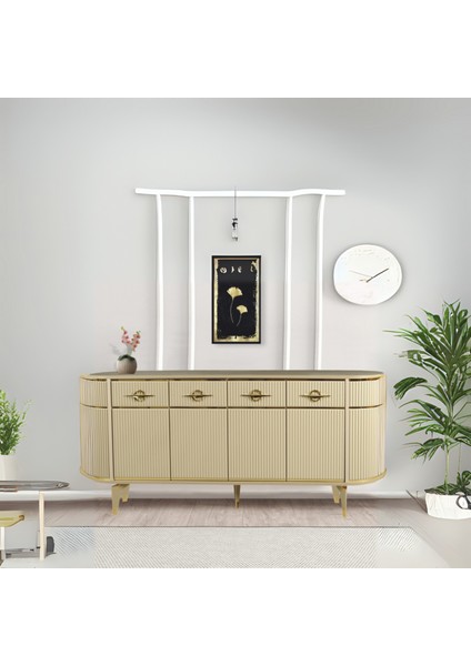 Maya Cappuccino Gold Lüks Konsol 4 Kapaklı Şerit Detaylı Metal Ayaklı Tasarım 180x45x84 Cm