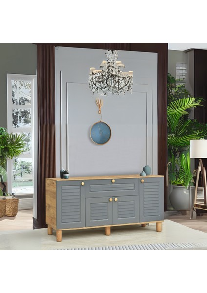 Helena Konsol Atlantik Çam Antrasit4 Kapaklı 1 Çekmeceli Ahşap Detaylı 160x80x44 Cm