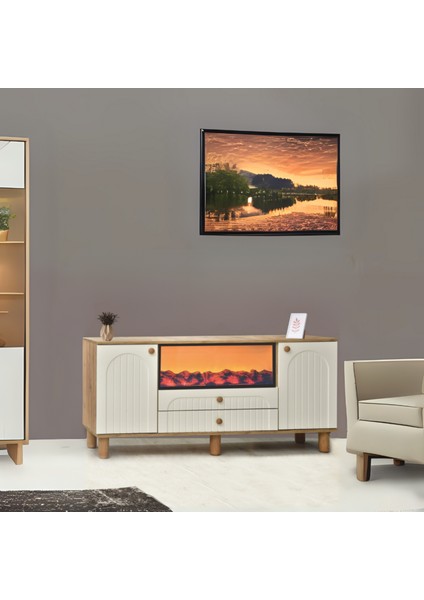 Lidya Şömineli Konsol 2 Kapaklı 2 Çekmeceli Atlantik Çam Krem Alev Efektli 160x80x44 Cm