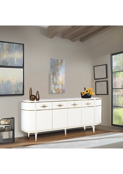 Maya Beyaz Gold Lüks Konsol 4 Kapaklı Şerit Detaylı Metal Ayaklı Tasarım 180x45x84 Cm