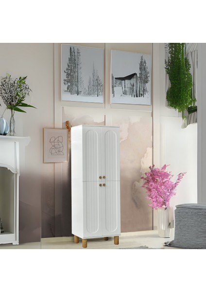 Lidya Portmanto Dolabı Beyaz Raflı 2 Kapaklı Ayakkabılık Dolap 60x37x195 cm