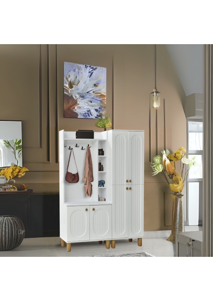 Lidya Portmanto Takımı Beyaz Raflı Askılıklı Ayakkabılık Dolap 140x37x195 cm