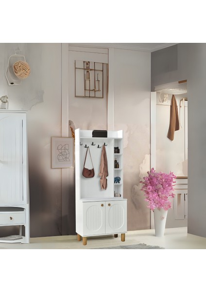Lidya Portmanto Askılıklı Beyaz Raflı Ayakkabılık Dolap 80x37x195 cm