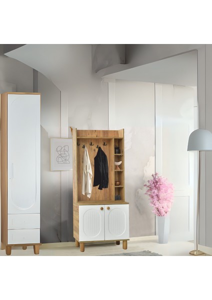 Lidya Portmanto Askılıklı Dolap Atlantik Çam Beyaz Ayakkabılık 80x37x195 cm