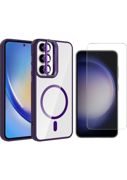 Galaxy A55 Kılıf Standlı ve Kamera Lens Hediyeli M-Safe Şarj Özellikli Zore Etro Kapak + Nano Ekran Koruyucu