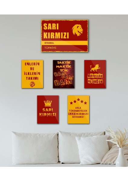 6'lı Çok Renkli Sarı Kırmızı Aslan Futbol Dekoratif Mdf Tablo Seti