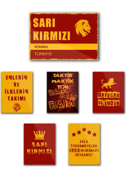 6'lı Çok Renkli Sarı Kırmızı Aslan Futbol Dekoratif Mdf Tablo Seti fiyatları