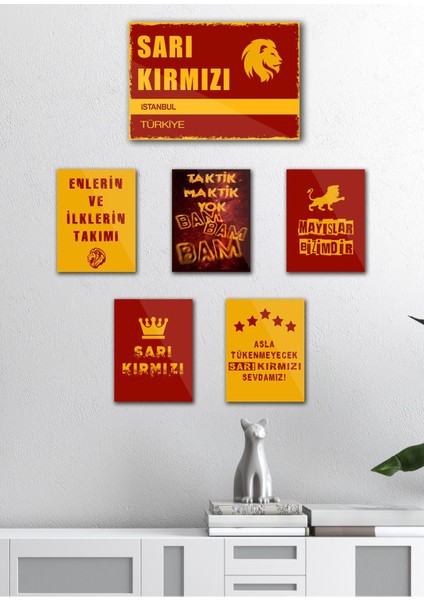 6'lı Çok Renkli Sarı Kırmızı Aslan Futbol Dekoratif Mdf Tablo Seti modelleri