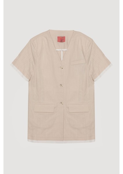 Garni Detaylı Düğmeli Kısa Kol Ceket - Bej