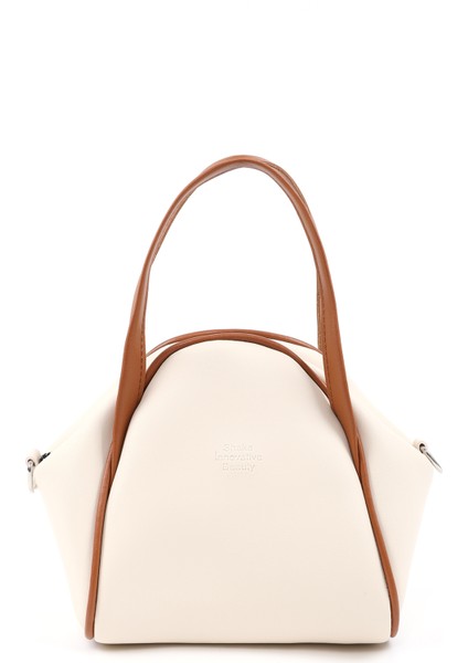 Krem - Taba SHK132 Suni Deri, Fermuarlı Tek Bölmeli, Çıtçıt Detaylı ,el, Kol ve Omuz Çantası