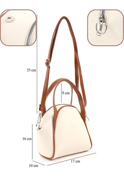 Krem - Taba SHK132 Suni Deri, Fermuarlı Tek Bölmeli, Çıtçıt Detaylı ,el, Kol ve Omuz Çantası fırsatları