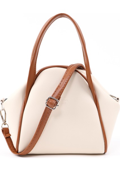 Krem - Taba SHK132 Suni Deri, Fermuarlı Tek Bölmeli, Çıtçıt Detaylı ,el, Kol ve Omuz Çantası
