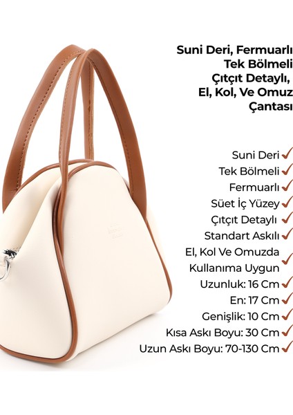 Krem - Taba SHK132 Suni Deri, Fermuarlı Tek Bölmeli, Çıtçıt Detaylı ,el, Kol ve Omuz Çantası