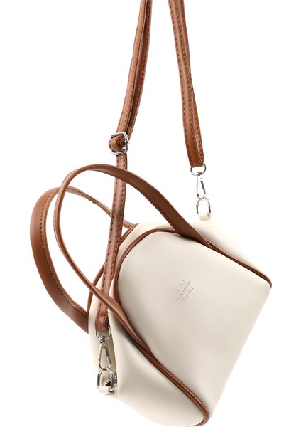 Krem - Taba SHK132 Suni Deri, Fermuarlı Tek Bölmeli, Çıtçıt Detaylı ,el, Kol ve Omuz Çantası