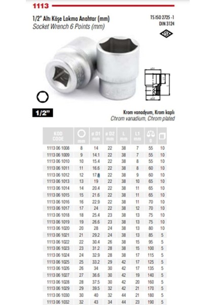 1/2'' Altı Köşe Lokma Anahtar 22 mm - 1113 06 1022 fiyatları