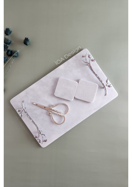 Akasya - Gerçek Ince Mermer Söz/nişan Tepsisi (32X20 Cm) + Makas + 2 Adet Çıkarılabilir Yüzüklük - Gümüş Kulp fiyatları