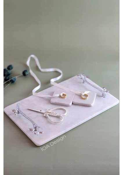 Akasya - Gerçek Ince Mermer Söz/nişan Tepsisi (32X20 Cm) + Makas + 2 Adet Çıkarılabilir Yüzüklük - Gümüş Kulp modelleri