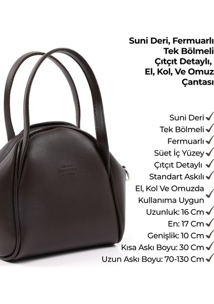 Kahve Rengi SHK132 Suni Deri, Fermuarlı Tek Bölmeli, Çıtçıt Detaylı ,el, Kol ve Omuz Çantası