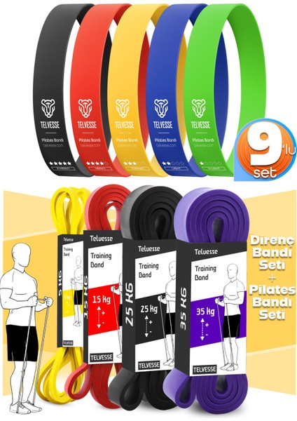 9lu Tera Set 5+15+25+35 kg + 5li Pilates Direnç Bandı Barfiks Lastiği Loop Band Mix Ton