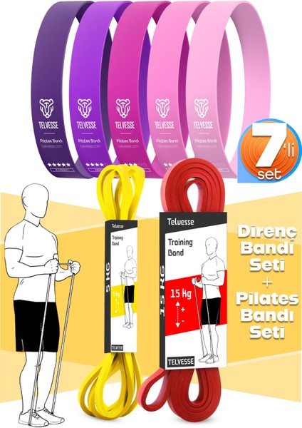 7li Mega Set 5+15 kg + 5li Pilates Direnç Bandı Barfiks Lastiği Loop Band Pembe Ton