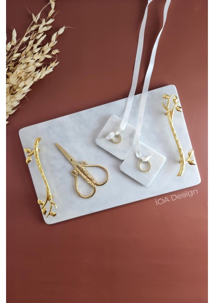Akasya - Gerçek Ince Mermer Söz/nişan Tepsisi (32X20 Cm) + Makas + 2 Adet Çıkarılabilir Yüzüklük