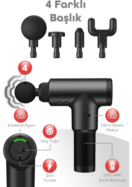 6 Kademeli Masaj Tabancası Sporcu Masaj Aleti 4 Başlıklı Titreşimli Kas Masaj Cihazı Siyah H320 modelleri