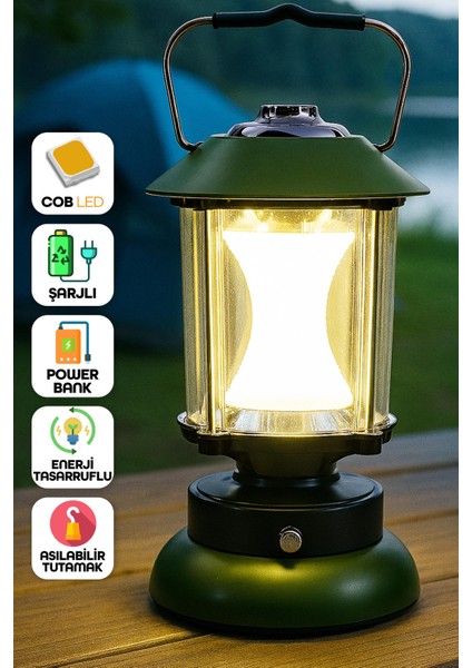 3 Modlu LED Şarjlı Kamp Lambası Powerbank Işık Ayarlı Askılı Işıldak El Feneri Gece Lamba Yeşil 6603