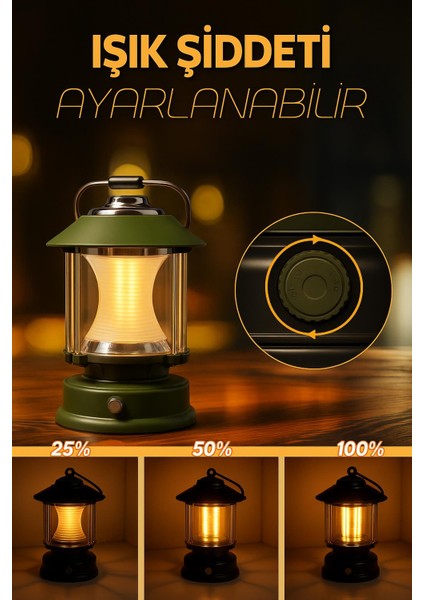 3 Modlu LED Şarjlı Kamp Lambası Powerbank Işık Ayarlı Askılı Işıldak El Feneri Gece Lamba Yeşil 6603 modelleri