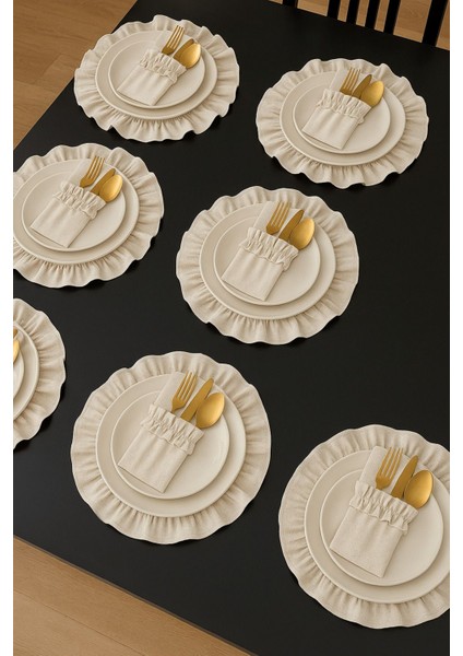 12’li Ham Keten Sofra Seti, Fırfırlı Amerikan Servis ve Peçetelik, Bej fırsatları