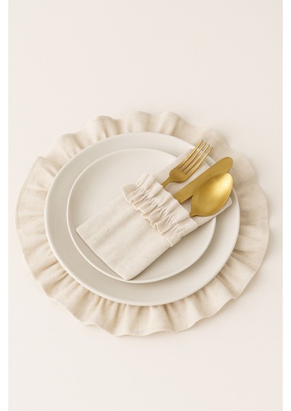 12’li Ham Keten Sofra Seti, Fırfırlı Amerikan Servis ve Peçetelik, Bej indirimleri