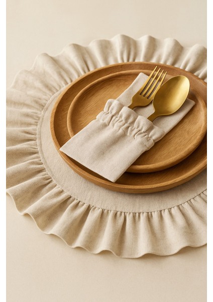 12’li Ham Keten Sofra Seti, Fırfırlı Amerikan Servis ve Peçetelik, Bej