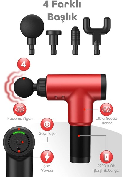 6 Kademeli Masaj Tabancası Sporcu Masaj Aleti 4 Başlıklı Titreşimli Kas Masaj Cihazı Kırmızı H320 modelleri