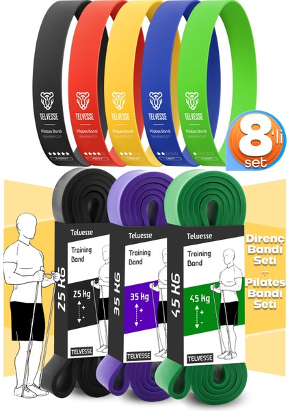 8li Giga Set 25+35+45 kg + 5li Pilates Direnç Bandı Barfiks Lastiği Loop Band Mix Ton