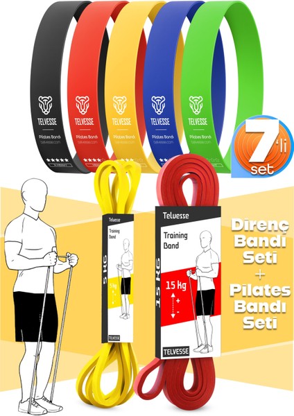 7li Mega Set 5+15 kg + 5li Pilates Direnç Bandı Barfiks Lastiği Loop Band Mix Ton
