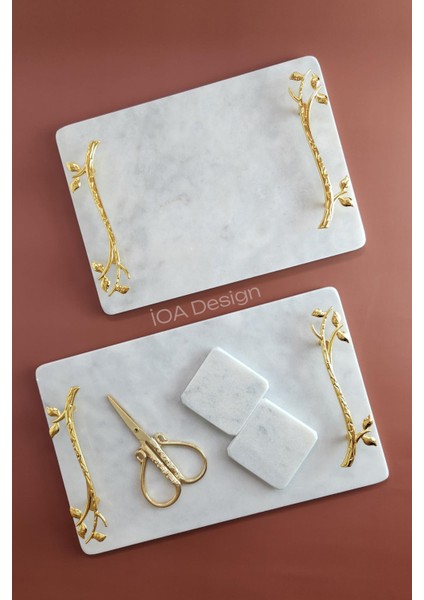 Ikili Söz / Nişan Tepsi Seti - Nişan Tepsisi + Damat Kahvesi Tepsisi - Akasya Altın Kulplu