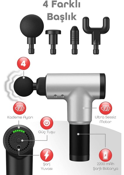 6 Kademeli Masaj Tabancası Sporcu Masaj Aleti 4 Başlıklı Titreşimli Kas Masaj Cihazı Gri H320 modelleri