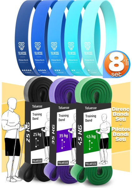 8li Giga Set 25+35+45 kg + 5li Pilates Direnç Bandı Barfiks Lastiği Loop Band Mavi Ton