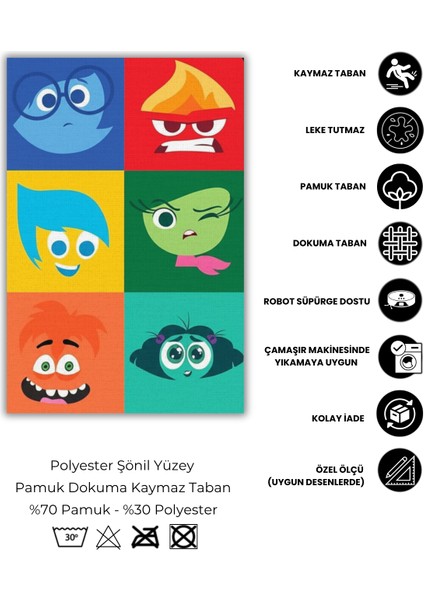 Renkli Duygular Karakterli Halı Dijital Baskılı Dokuma Kaymaz Tabanlı Yıkanabilir Antialerjik Pati Dostu Oyun Halısı