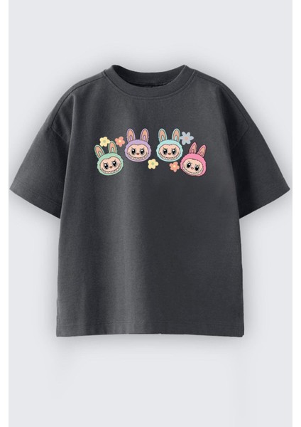 Kız Çocuk Labubu Baskılı Pamuklu Bisiklet Yaka T-Shirt
