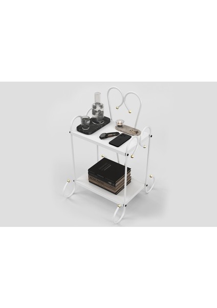 Bergama Sehpa Retro Ferforje Metal Komodin Beyaz