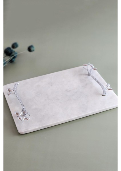 Akasya Gerçek Ince Mermer Damat Kahvesi Tepsisi 28X20 cm - Gümüş Kulp