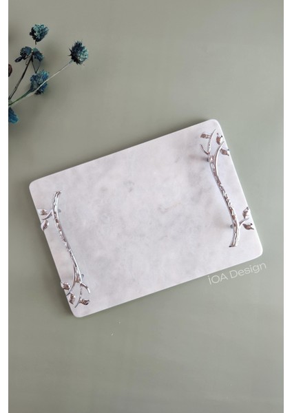 Akasya Gerçek Ince Mermer Damat Kahvesi Tepsisi 28X20 cm - Gümüş Kulp modelleri