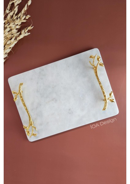 Akasya Gerçek Ince Mermer Damat Kahvesi Tepsisi 28X20 cm - Altın Kulp