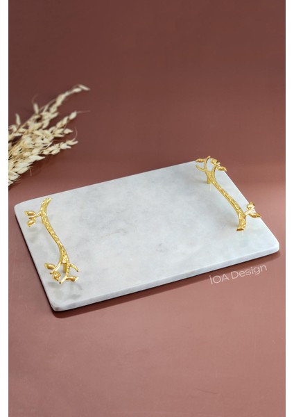 Akasya Gerçek Ince Mermer Damat Kahvesi Tepsisi 28X20 cm - Altın Kulp modelleri